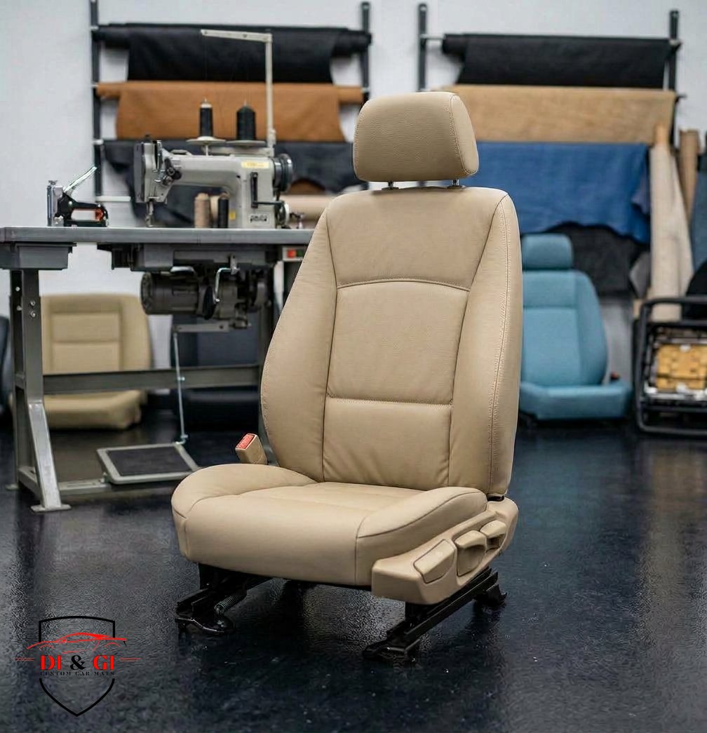 Sedile in pelle beige, laboratorio tappezzeria
