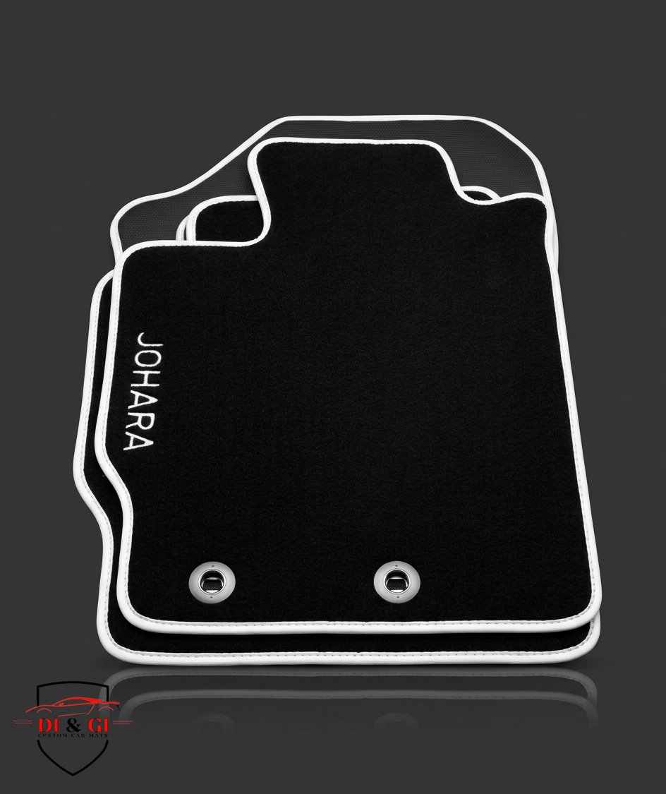 Tappeti auto linea premium DI & GI in velluto nylon, bordo bianco e ricamo